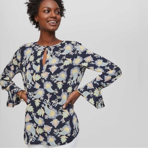 LOFT Tops - LOFT Blouse Size Small Navy Blue Paisley Bell Sleeve Office Business Casual
